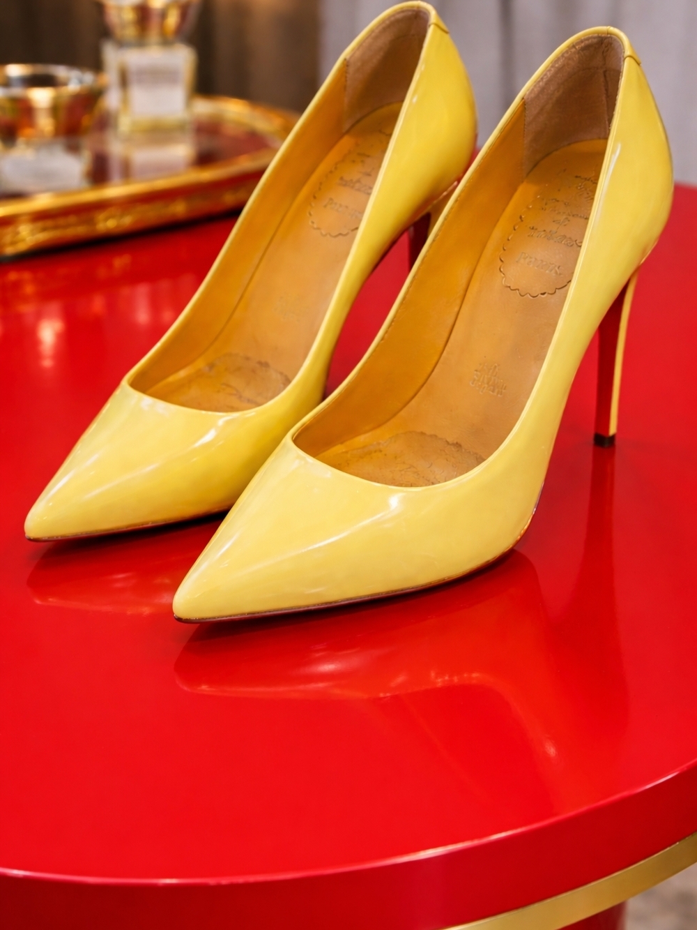 Christian Louboutin Yellow Patent Leather Pointed-Toe Pumps - Picture 3 of 3